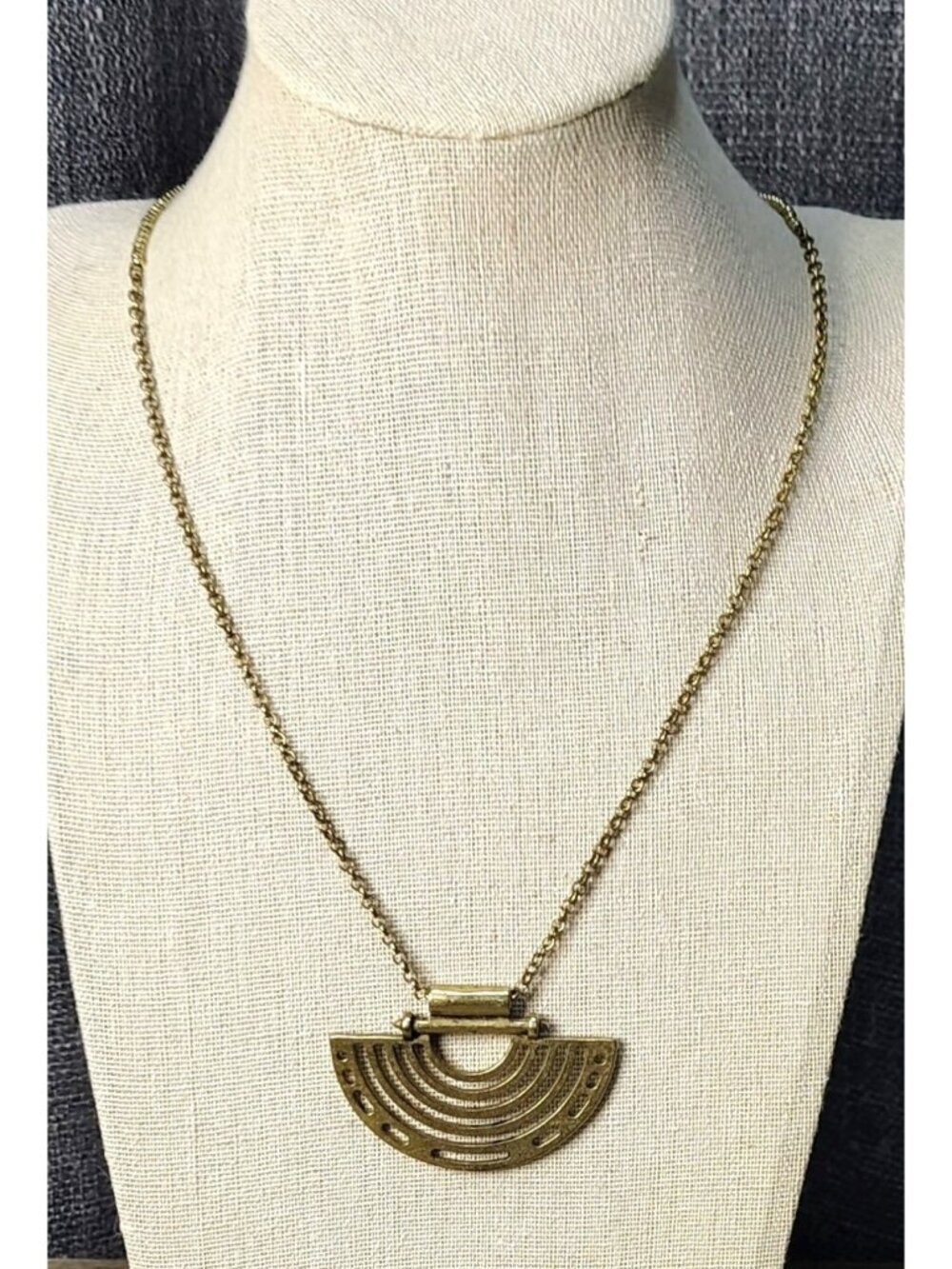 Gold Tone Beaded Chain Pendant Necklace Half Moon Semi Circle Egyptian Style